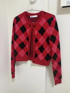 ZARA アーガイル柄 ニットカーディガン M