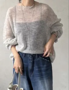 新品 The rejoice ラメ混メッシュTニット チャコール サマーニット