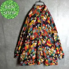 柄シャツ　マルチカラー　レトロデザイン総柄　シルク　ヴィンテージ古着