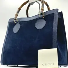 GUCCI バンブー トートバッグ ダイアナ スエード ハンドバッグ ネイビー