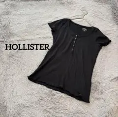 ホリスター 半袖リブTシャツ　メロウ　ハーフボタン　ブラック　ブラック　M 綿混