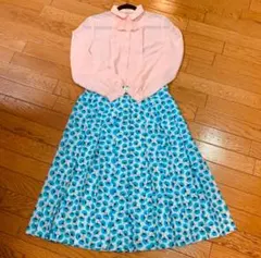昭和レトロ！ヴィンテージ 青系花柄プリーツスカート