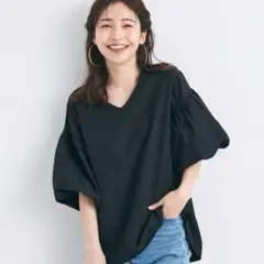 coca ふんわりスリーブVネックブラウス ブラック M
