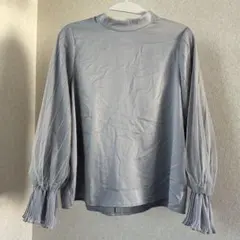 アースミュージックエコロジー グレイッシュブルー ブラウス長袖 チュール袖