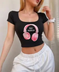 チビT クロップドTシャツ　黒　プリント　M