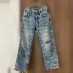 ライトブルー ダメージ加工 ロングパンツ　ZARA ザラ　落書き　おしゃれ　女子