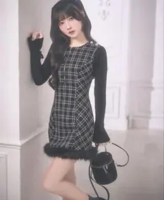 ミシェルマカロン ツイードチェックドッキングワンピースブラック