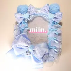 硬質ケースデコ猫耳レースデコ姫系フレーム トレカケース水色ブルー推し活B7