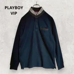 PLAYBOY VIP ハーフボタン ニット M ネイビー襟チェック柄 レトロのサムネイル