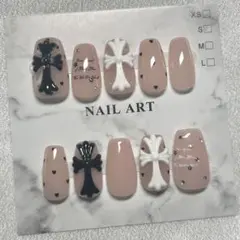 【現品】ピンク×ブラック クロス ネイルチップ 韓国 スナ系