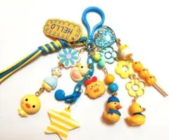 じゃらじゃらキーホルダー 青黄色MIX アヒル ひよこ 鳥 ストラップ チャーム
