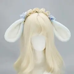 たれ耳 うさぎカチューシャ 水色 リボン ロリータ けも耳 コスプレ 萌え 姫系