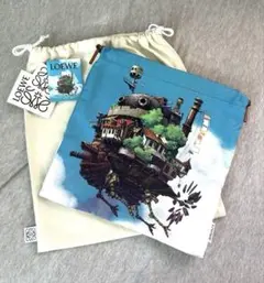 LOEWE ★ハウルの動く城★ポーチ美品 ロエベ×スタジオジブリ キャンバス 巾着 ブルー ハウルの動く城 ポーチ