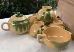 出雲　若山製陶所　釉下緑彩　煎茶器　揃　箱入　アンティーク