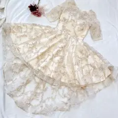 パーティードレス フィッシュテール 五分袖 シースルー ベージュ S 上品