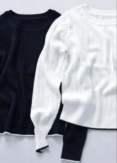 2色セット　バイカラーラインミニケーブルニット ナチュラルビューティーベーシック