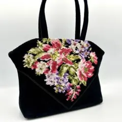 極美品】FEILER フェイラー ハンドバッグ 花柄 刺繍 ブラック 自立