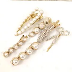 パールモチーフ　ラインストーン　ヘアクリップ　ヘアピン　まとめ6点