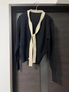 リボン付き長袖ニットカーディガン