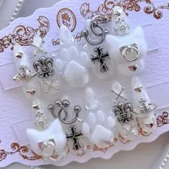 ネイルチップ 量産型 地雷 サブカル 天使界隈 白 猫 肉球 十字架 ハート