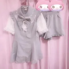 シークレットハニー 半袖レースラッフルセットアップ アイスグレー