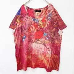カットソー Tシャツ 半袖 花柄 ボタニカル ラインストーン ビッグサイズ 赤