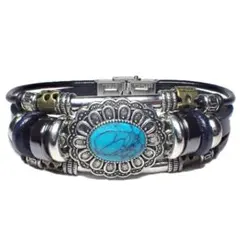 ⑭　三連　ターコイズブルー　レザーブレスレット　インディアン　黒色