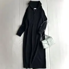 ビューティーアンドユース リブ ワンピース マキシ スキッパー ハーフジップ 黒