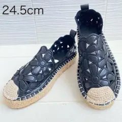 美品✨エスパドリーユ サンダル フラワー 24.5cm 黒 厚底 フラット 春夏