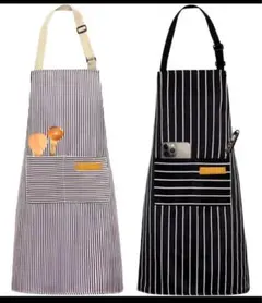 新品未使用　ストライプ柄プリントエプロン【チャコール＆ブラック】2枚セット