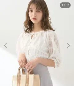 earth music&ecology シアーチェックパフスリーブブラウス