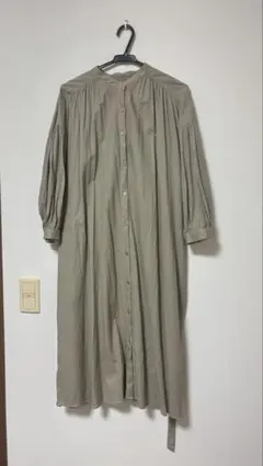 GU リネンブレンドロングシャツワンピース カーキ ウエストリボン付 M
