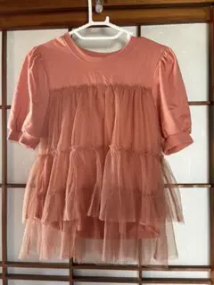 ライトオレンジ チュールTシャツ 　チュールドッキングTEE レディース