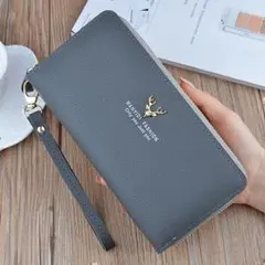 【W20】（グレー）ダブルファスナー 長財布 大容量 多機能 ストラップ付