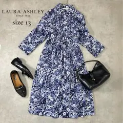 【LAURA ASHLEY】花柄 シャツワンピース ブルー 13号 L相当