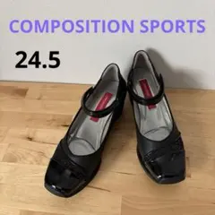 コンポジションスポーツ　ストラップ付き　ブラック　ウェッジソール　パンプス　黒