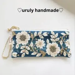 【ターコイズブルー】インド刺繍リボンの12センチポーチ＊内布リバティ・タナローン