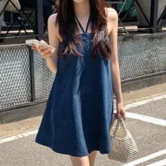 レトロ デニムワンピース デザイン ゆったり ペティート ショート 着痩せ