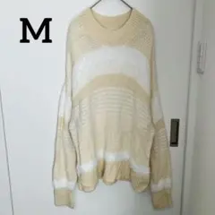 ベージュ　ホワイト　ボーダー　ニット　セーター【M】ニットプルオーバー