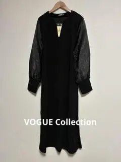 VOGUE Collection 黒 Vネックロングワンピース 袖シースルー