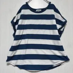 ケーブルアンドゲージ ボーダー Tシャツ 丸首 半袖 XL 紺 化繊 お出かけ