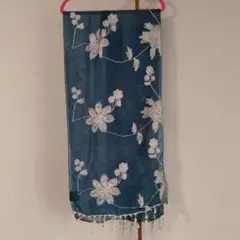 新品未使用タグ付き　ティール色 刺繍花柄 ストール オヤ調フリンジ　繊細可憐