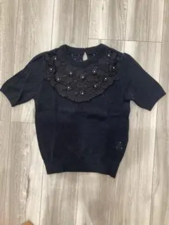 ブラック半袖ニット Mサイズ ビーズ装飾