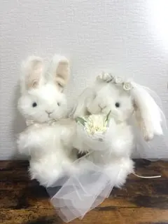 寄り添ううさぎ ウェディングペア ハンドメイドぬいぐるみ 一点もの 結婚祝い