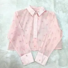 サーモンピンク 刺繍シースルー長袖シャツ フリーサイズ