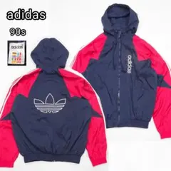 【良品】adidas 90s 万国旗タグ ナイロンジャケット ロゴ刺繍 フーディ