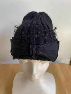 CA4LA黒いニット帽 レース付き リボンデザイン