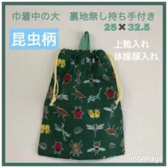 ●★昆虫A(グリーン)ミント★巾着中の大(裏地無し持ち手付)
