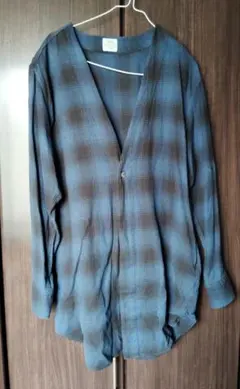 coen　ノーカラー ロング チェック シャツ　羽織　ブルー　S