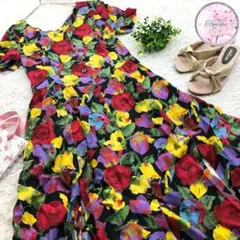 【カラフルな花柄ワンピース！】総柄 ロングワンピ　スリット　カラフル　古着女子